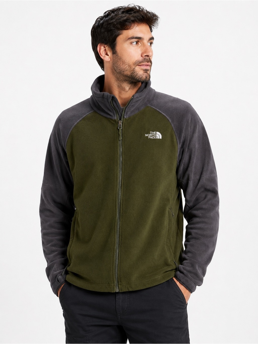 The North Face Men's Olive Green & Charcoal Full‑Zip Fleece Jacket